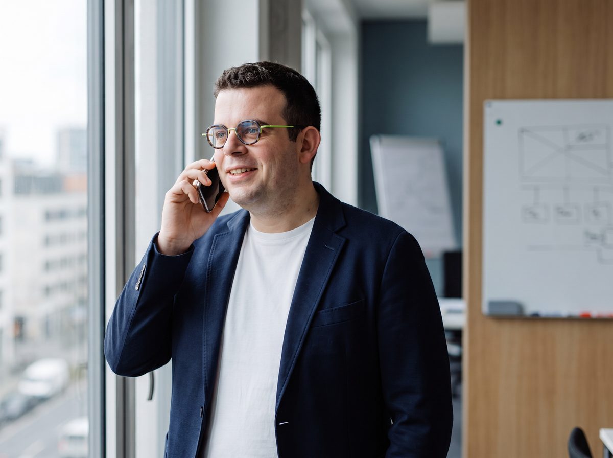 Felix Wilhelm telefoniert in einem hellen Büro am Fenster