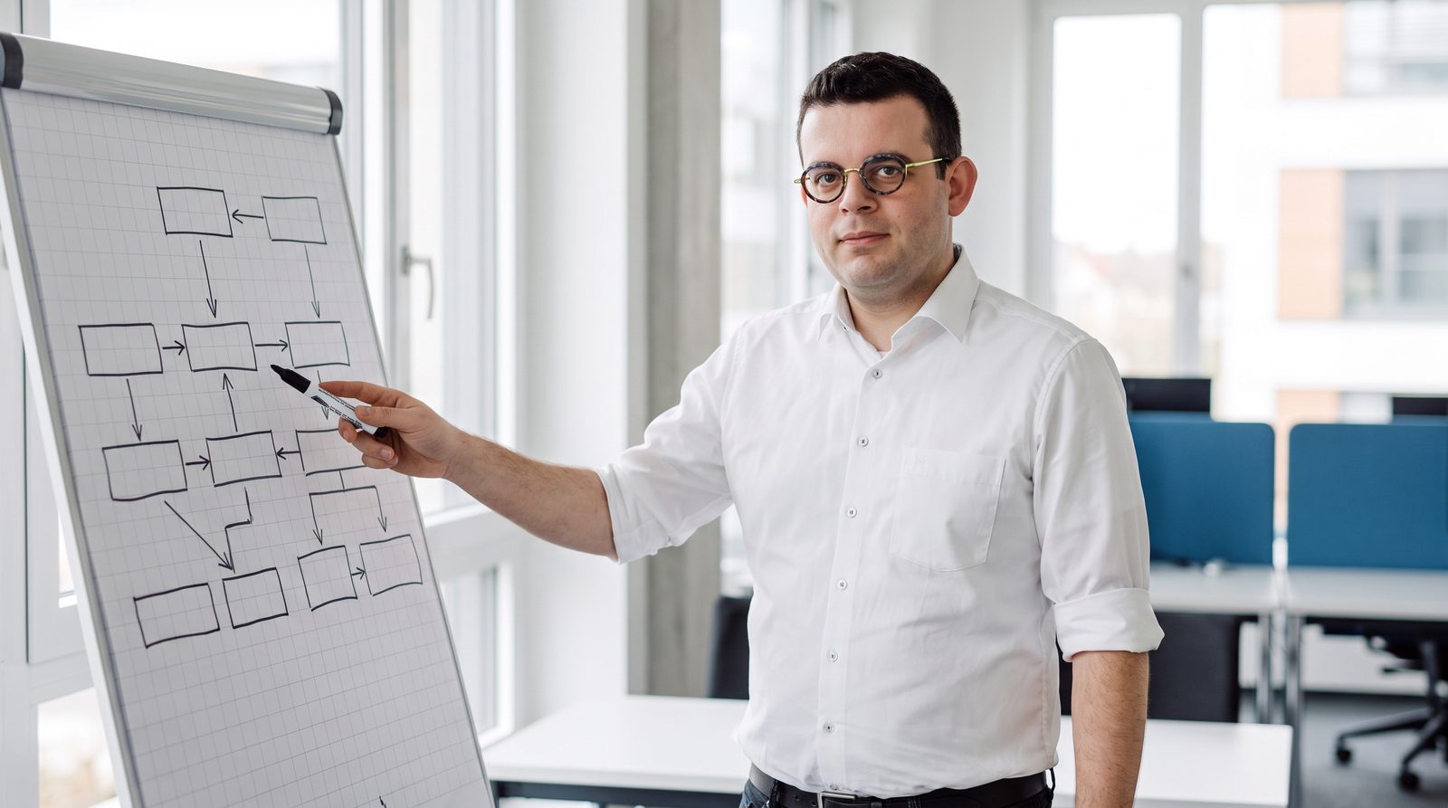 Felix Wilhelm erläutert an einem Whiteboard die Schritte eines KI-Projekts