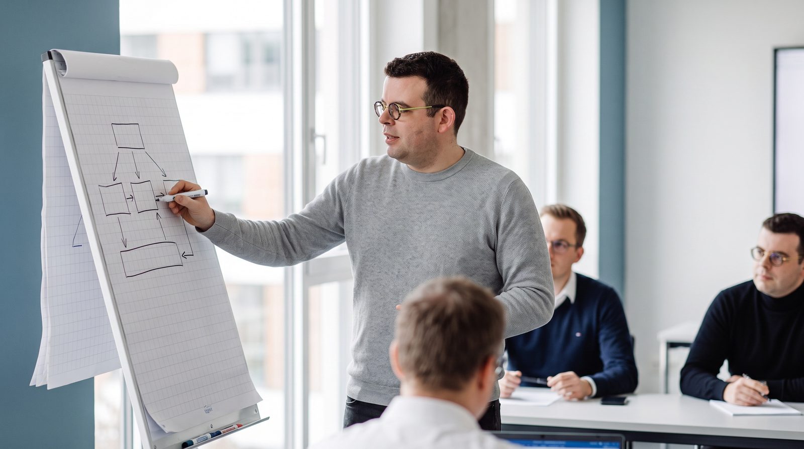 Felix Wilhelm skizziert am Flipchart die ersten Schritte eines KI-Projekts