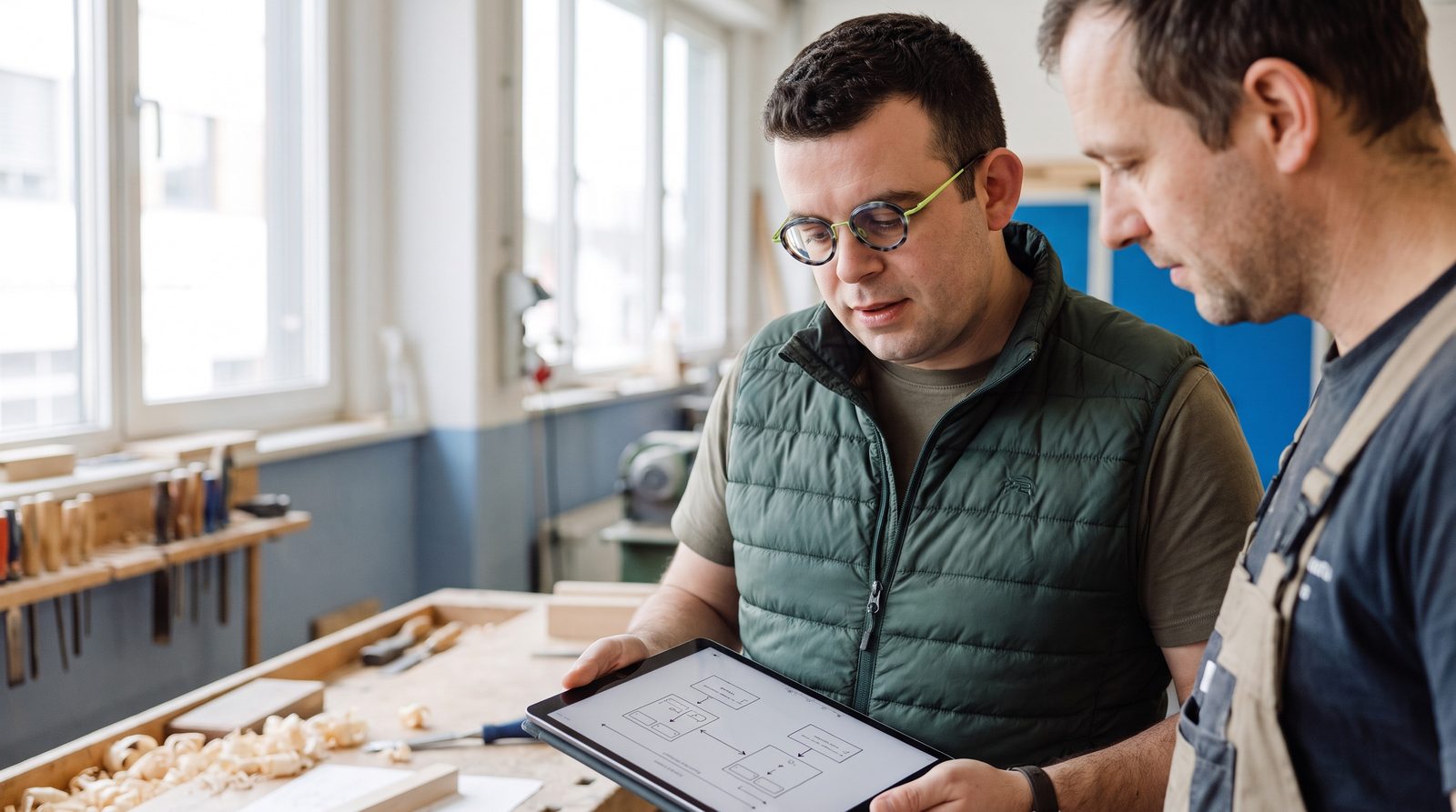 Handwerker prüft in der Werkstatt einen digital eingegangenen Auftrag am Tablet