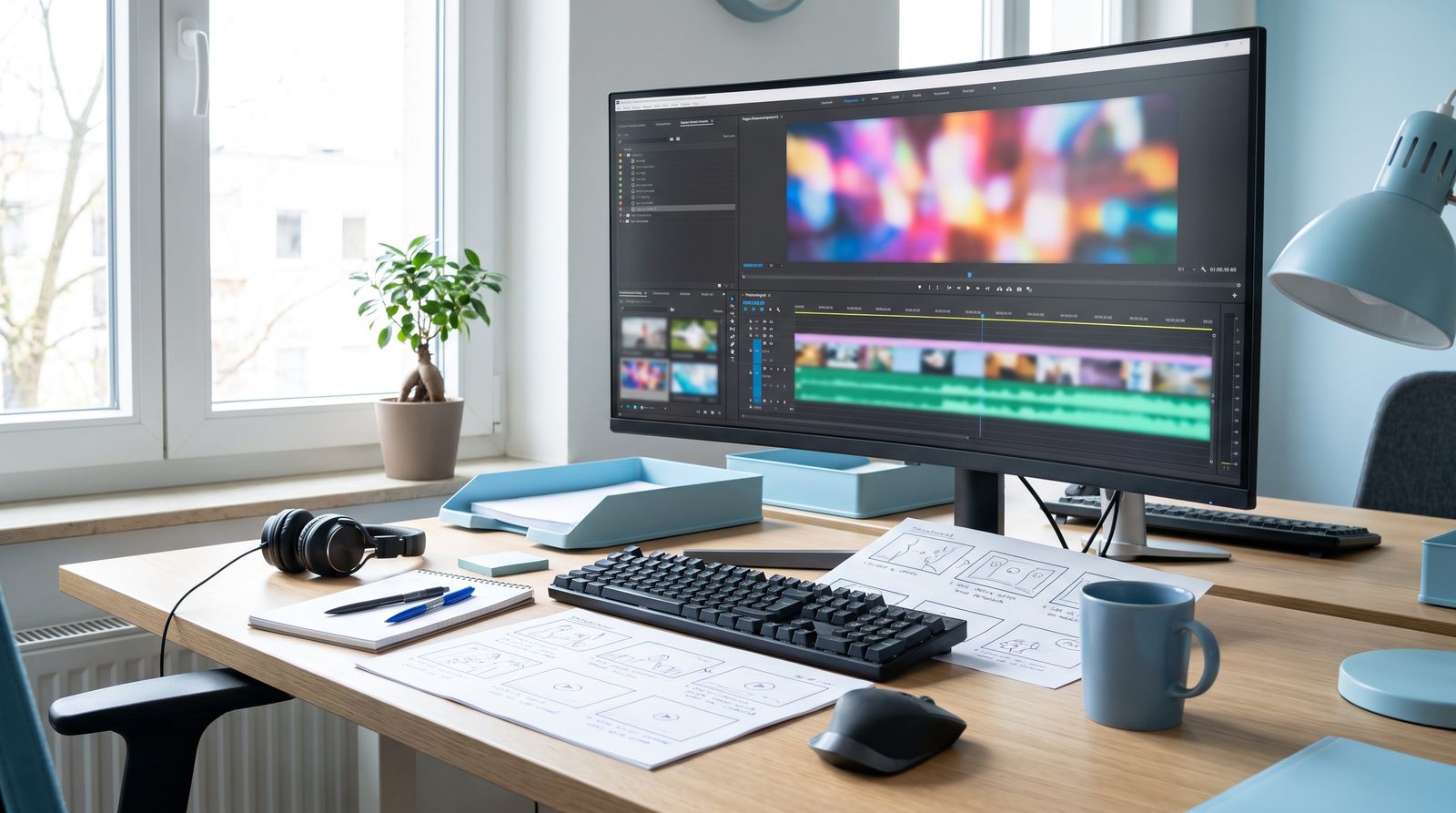 Videoschnitt-Arbeitsplatz mit Timeline auf dem Monitor und Storyboard-Blättern auf dem Schreibtisch
