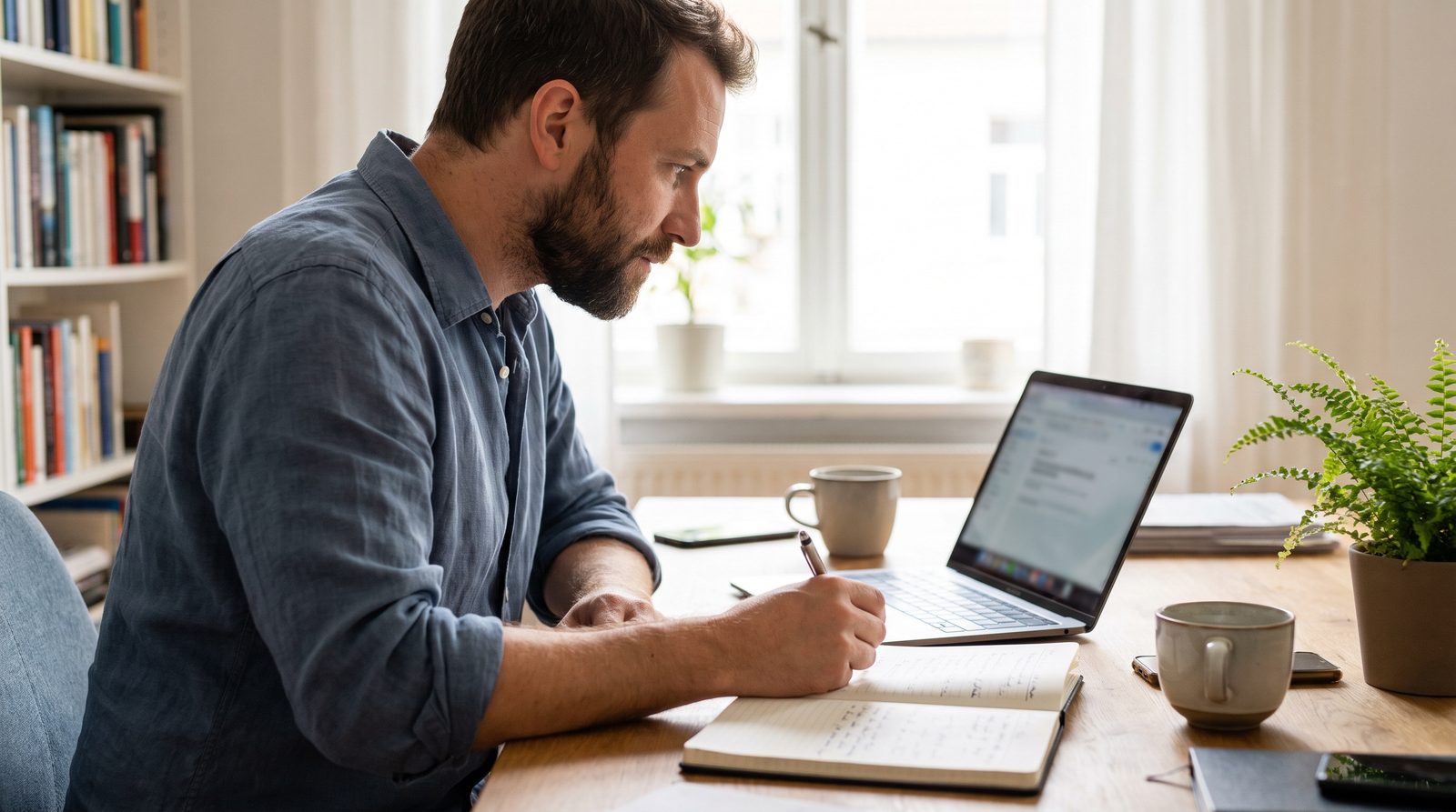 Selbstständiger vergleicht in seinem Homeoffice Notizen zwischen Laptop und Notizbuch