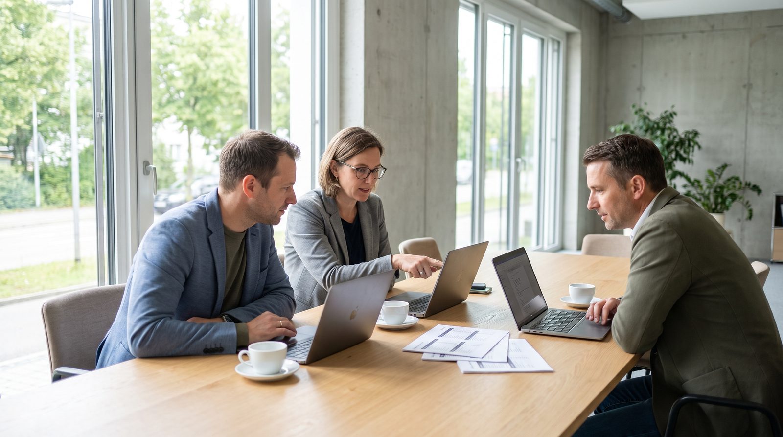 Drei Mitarbeitende eines mittelständischen Unternehmens vergleichen an drei Laptops verschiedene KI-Assistenten im Besprechungsraum