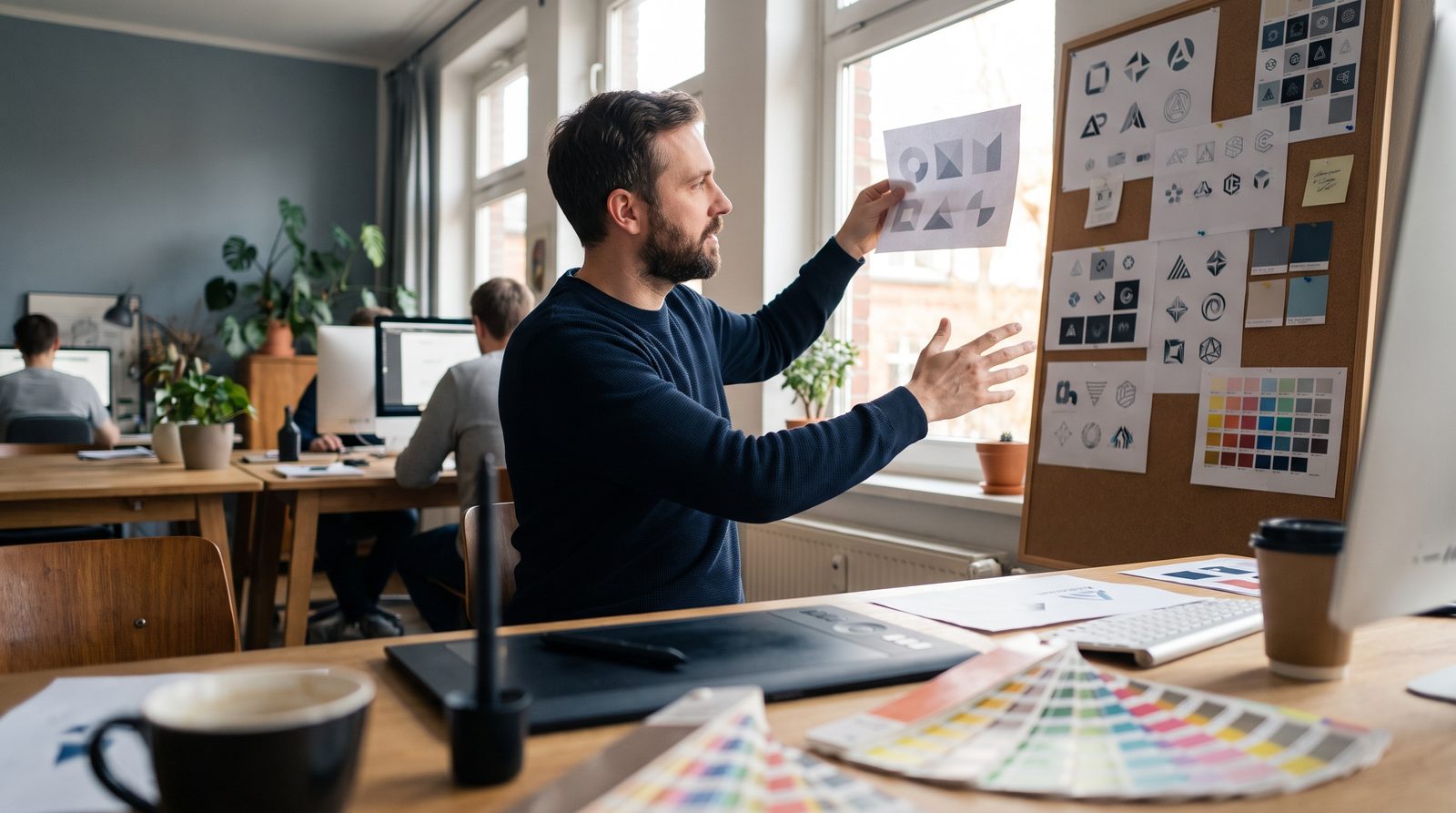 Grafikdesigner vergleicht ausgedruckte Logo-Entwürfe an einer Pinnwand im Studio eines Mittelstandsbetriebs