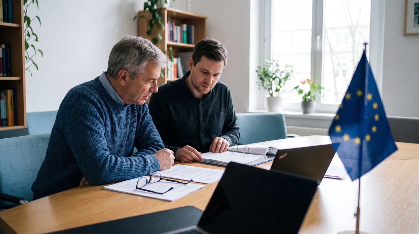 Datenschutzbeauftragter und IT-Leiter prüfen gemeinsam Vertragsunterlagen in einem mittelständischen Unternehmen