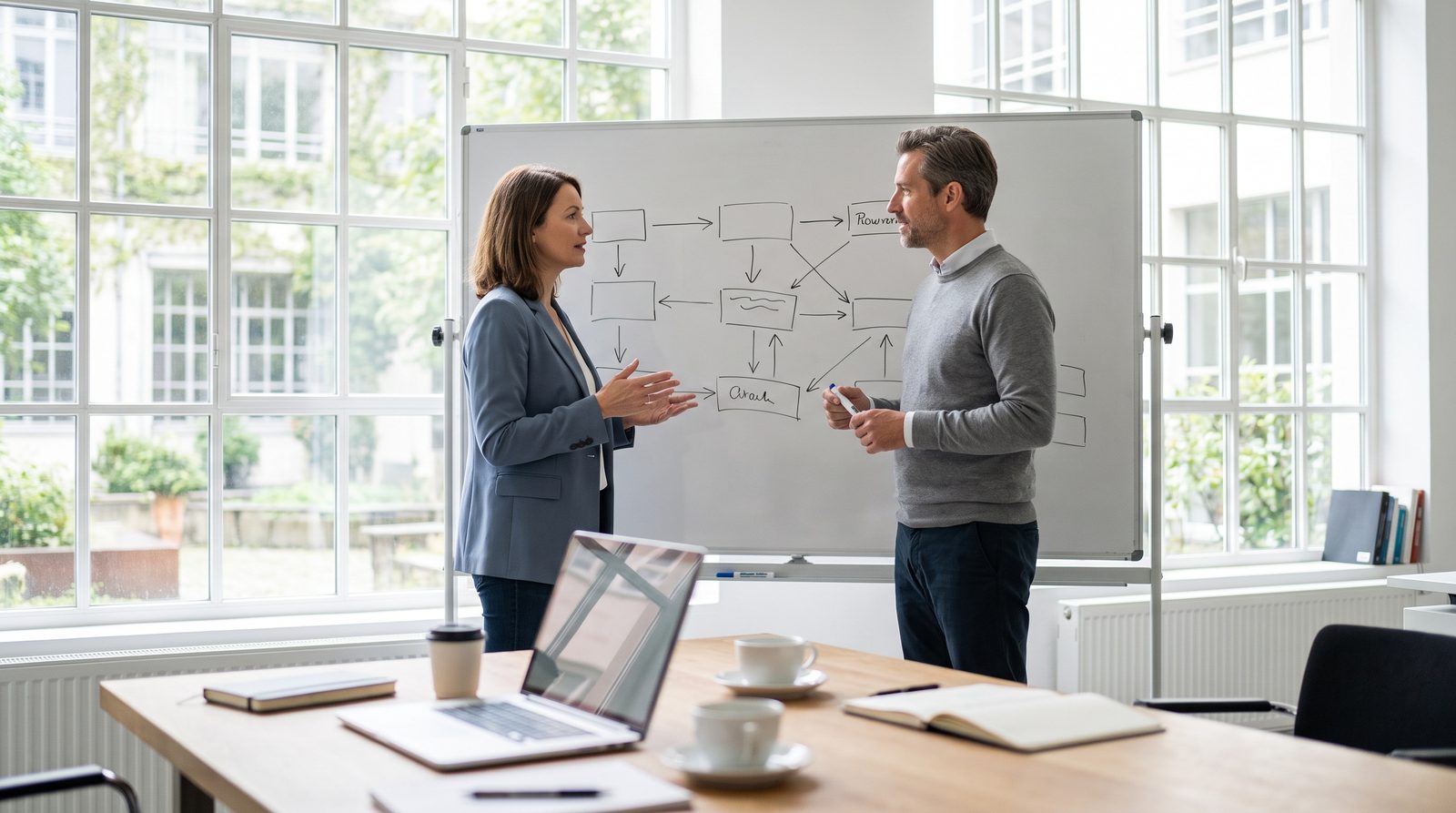Zwei Mitarbeiter eines Mittelstandsbetriebs vergleichen am Whiteboard verschiedene Automatisierungswege anhand eines Ablaufdiagramms