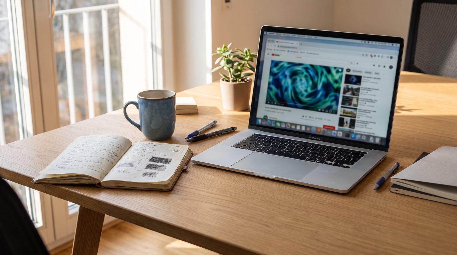 Laptop mit einem KI-generierten Videoclip, daneben ein Notizbuch mit handschriftlicher Szenenliste